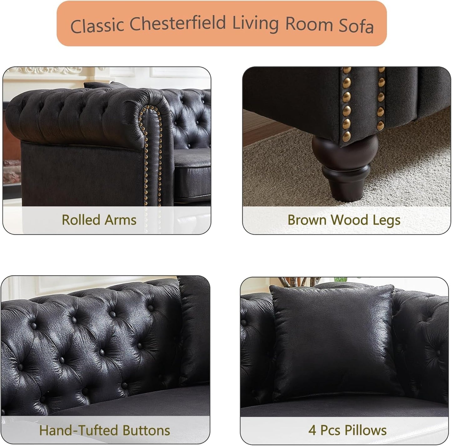 2-Piece Tech Fabric Upholstered Living Room Sofa Set, Including 3-Seater Sofa and Loveseat with Button and Copper Nail on Arms, Four Pillows Included, Black-2