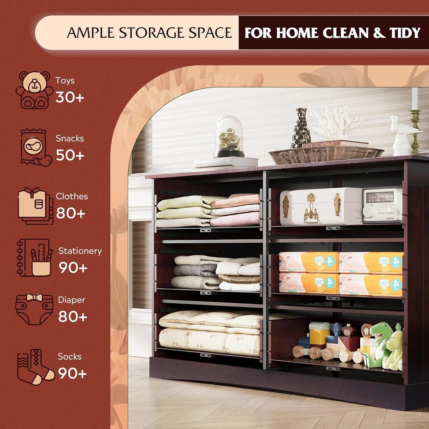 Wood Dresser for Bedroom, Wide Chest of Drawers with 6 Drawers, Large Brown Storage Tower Unit, Modern Minimalist Closet Store Organizer for Living Room, Hallway-4