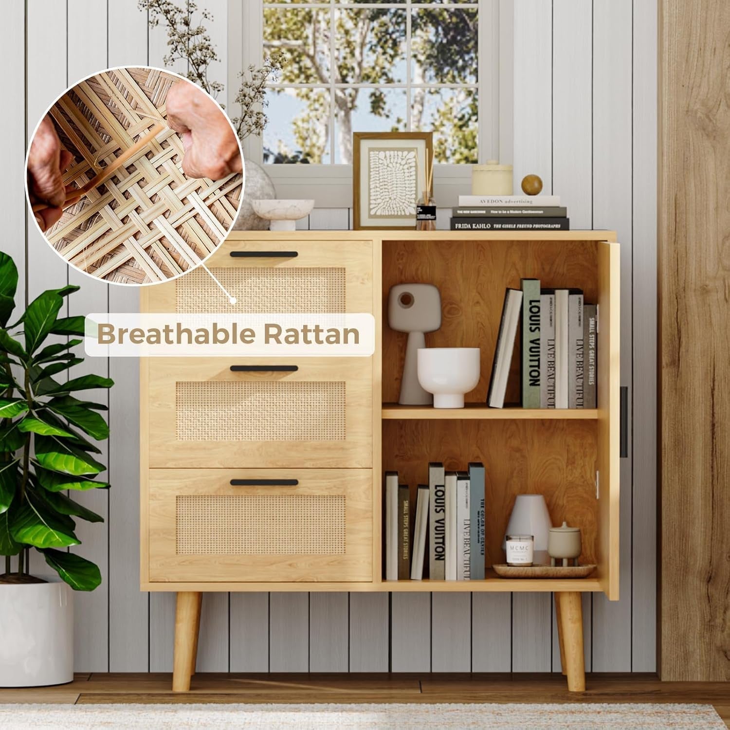 Storage Cabinet, Rattan Sideboard Cabinet with 3 Drawers & Door, Wooden Buffet Cabinet for Living Room, Dining Room, Hallway, Kitchen, Entryway…-2