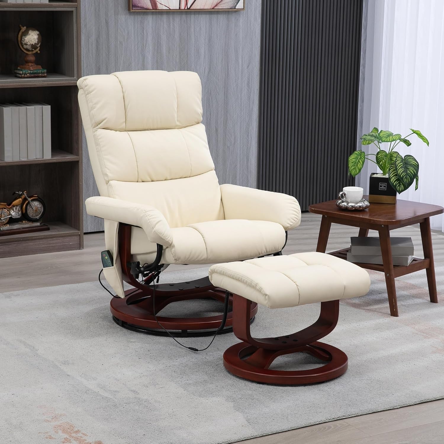 Massage Recliner Chair with Ottoman, Swivel Recliner and Footrest, Faux Leather Reclining Chair with Remote Control and Side Pocket, Cream White-1