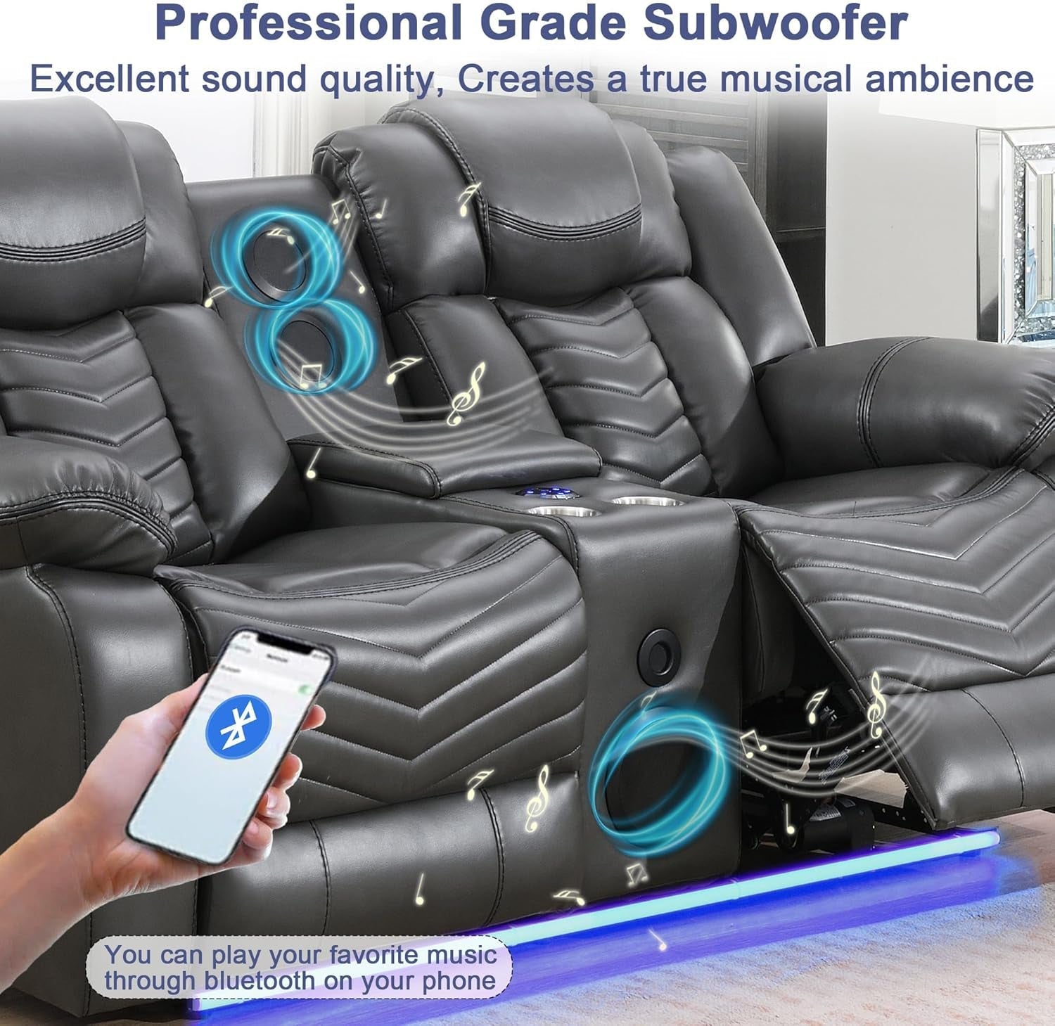 Power Reclining Sofa Set with LED Light,0 Gravity Air Leather Recliner Sofa Set with Bluetooth Speaker,Wireless Charger,Storage Console,Usb Ports,Cup Holders for Living Room/Office(2Pcs,Gray)-2