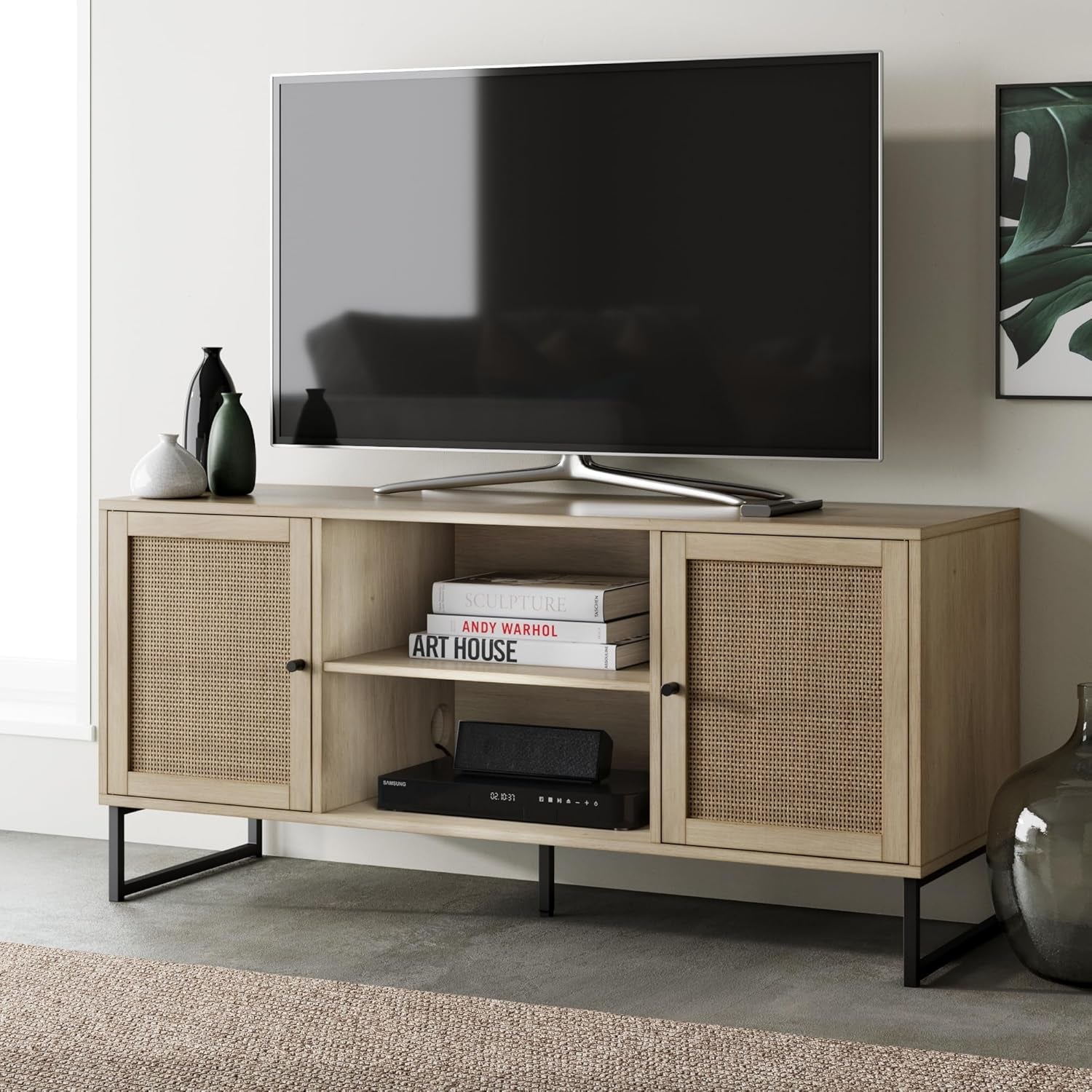 74101 Mina Modern TV Stand, Entertainment Cabinet, Media Console with a Natural Oak Wood Finish and Matte Black Accents with Storage Doors for Living Room or Media Room, Oak/Black-0
