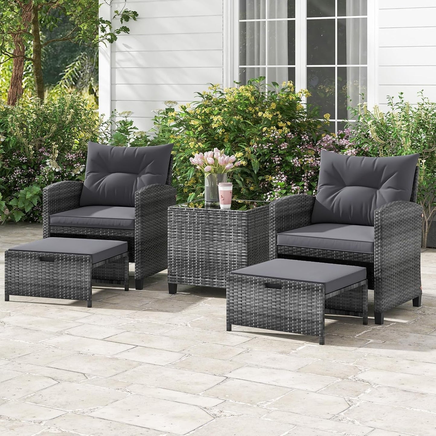 5 Pieces Patio Furniture Set with Ottoman, Wicker Conversation Set W/Cushions, Glass Coffee Table, Outdoor Lounger Rattan Chairs Bistro Set for Porch Balcony Garden Deck Poolside (Grey)-1
