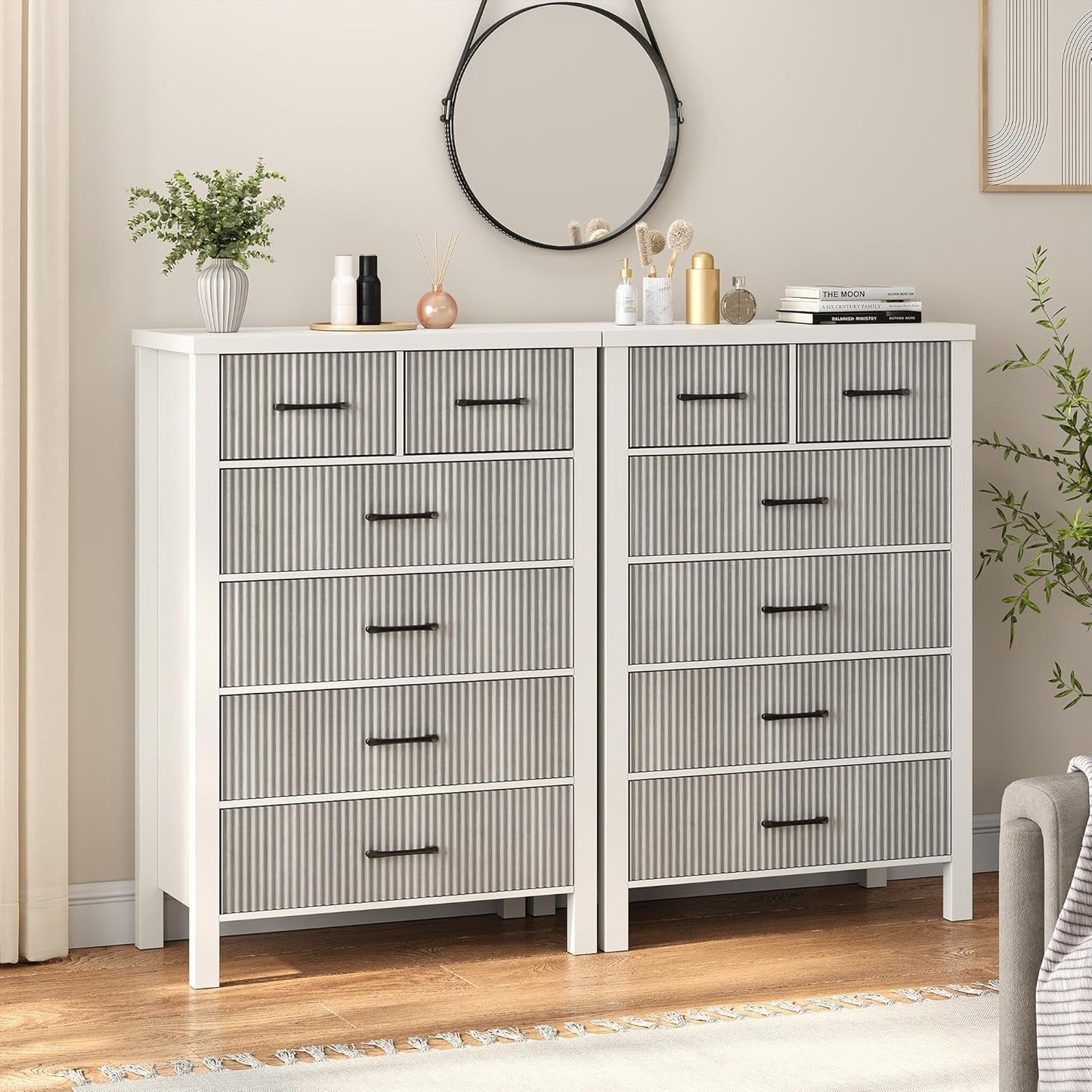 White Dresser 6 Drawer Dresser for Bedroom, Modern Fluted Dresser with Solid Wood Legs, Tall Double Wooden Dresser Large Chest of Drawers for Living Room, Entryway, Hallway (Grey Fluted)-3