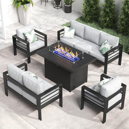 Aluminum Furniture Set with Fire Pit Table, 5 Pieces Patio Sectional Conversation Chat Sofa Modern Seating Set-0
