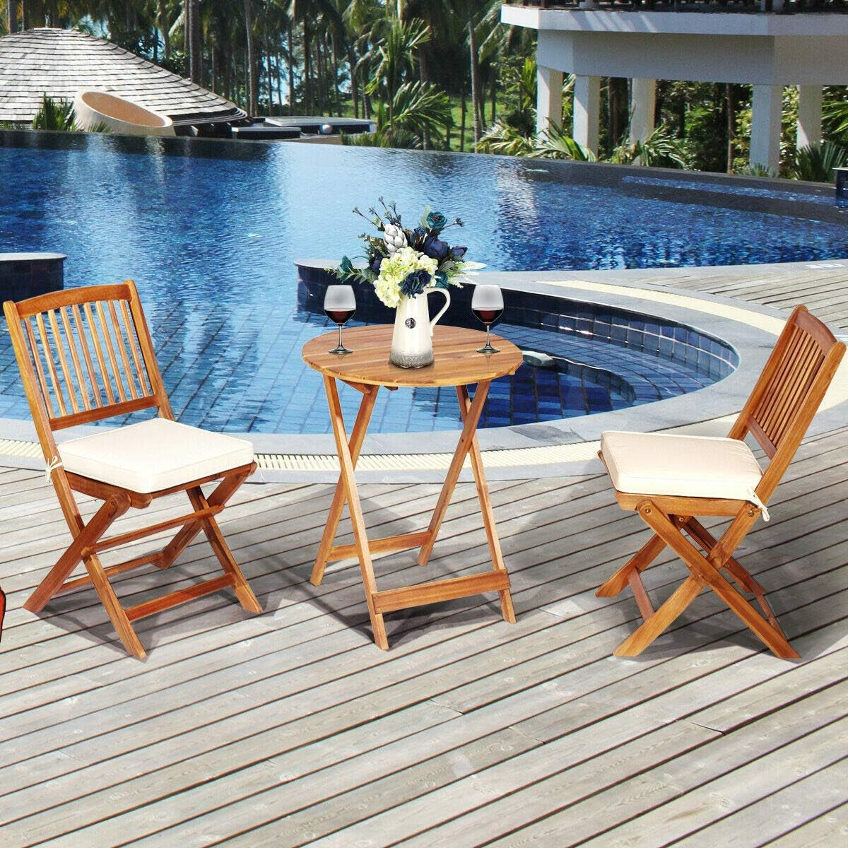 3 PCS Patio Folding Bistro Set, Outdoor Acacia Wood Chair and Table Set W/Padded Cushion& round Coffee Table, Ideal for Indoor Patio Poolside Garden (Cream)-2