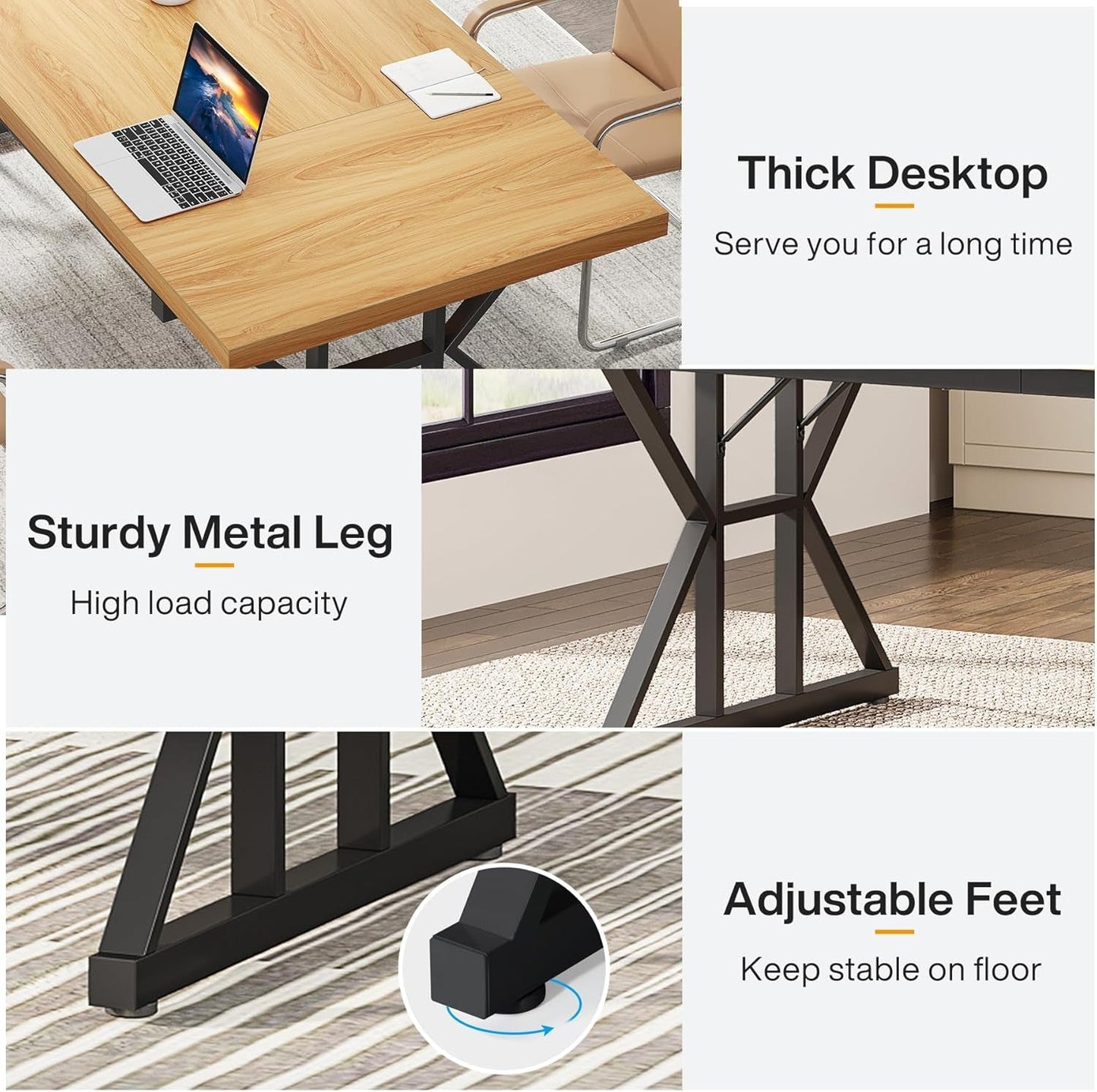 70.8-Inch Executive Desk, Large Computer Office Desk Workstation, Modern Simple Style Laptop Desk Study Writing Table Business Furniture for Home Office (Light Walnut/Black, 70.8 Inch)-4