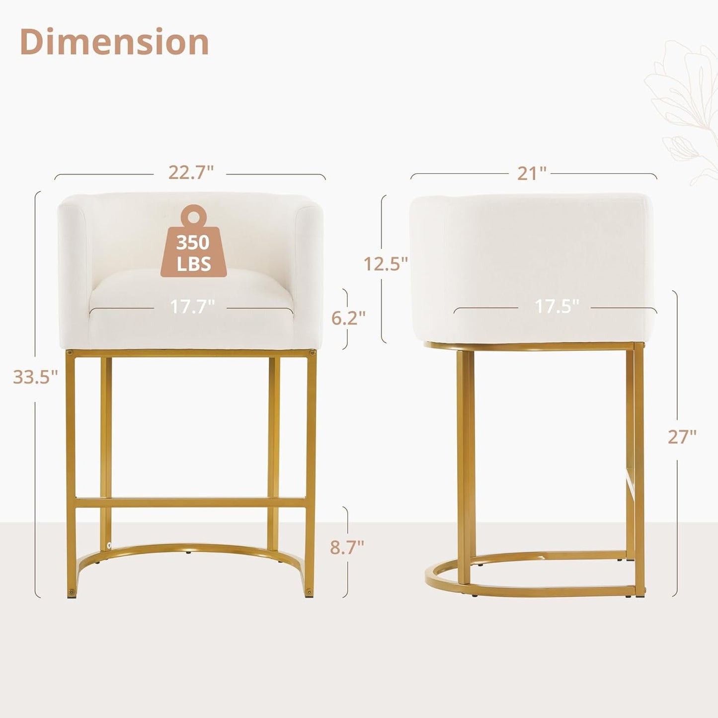 27" H Counter Height Bar Stools, Modern Barrel Counter Stools with Backrest and Arms, Gold Metal Frames, Linen Fabric Upholstered Accent Barstools for Kitchen Island, Beige-1