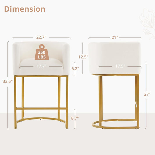 27" H Counter Height Bar Stools, Modern Barrel Counter Stools with Backrest and Arms, Gold Metal Frames, Linen Fabric Upholstered Accent Barstools for Kitchen Island, Beige-1