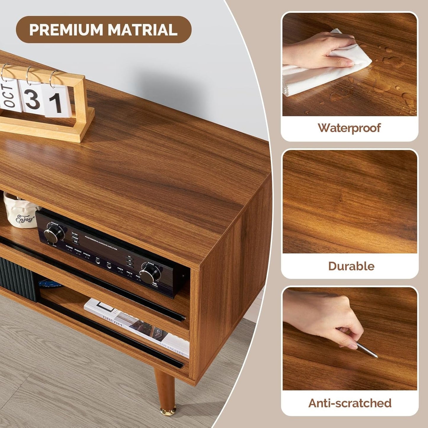 TV Stand for 46 Inch TV Mid Century Entertainment Center with Storage, Sliding Door TV Stand with 4 Shevels, Media Console Table, Low Cabinet for Home, Bedroom, Walnut-4