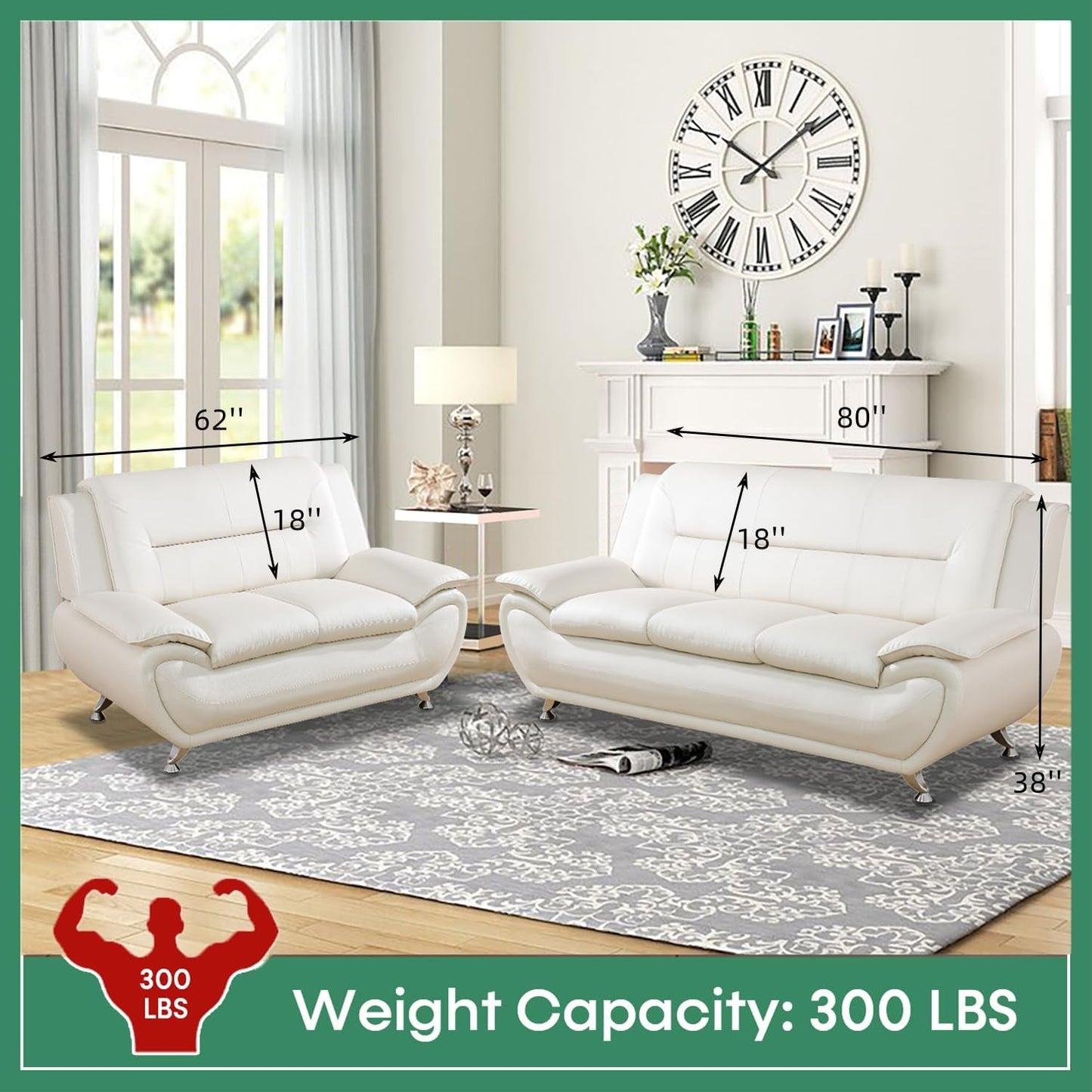 Leather Sofa Set,Leather Sofa Set for Living Room Furniture Sets, Loveseat Sofa with Chair 3-Piece for Living Room/Office/Apartment(White)-1