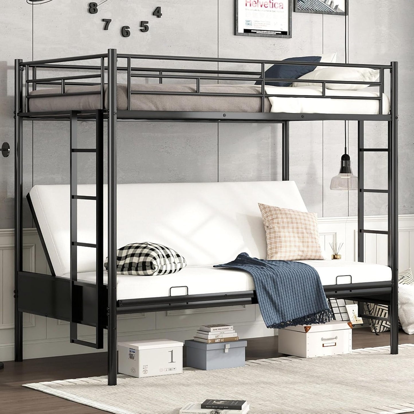 Twin over Futon Bunk Bed, Futon Bunk Bed, Loft Bed with Futon, Twin over Futon Bunk Bed, No Box Spring Needed, Black-0