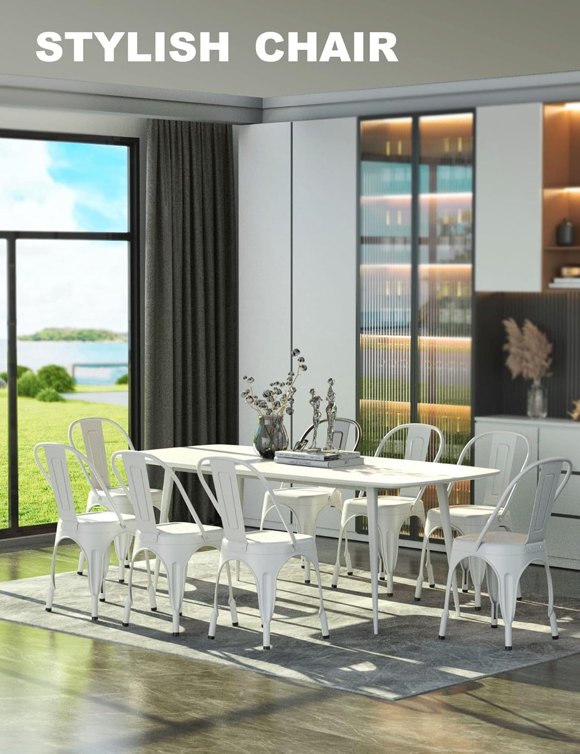 Metal Dining Chair Farmhouse Tolix Style for Kitchen Dining Room Café Restaurant Bistro Patio, 18 Inch, Stackable, Waterproof Indoor/Outdoor (Sets of 4) (White)-1