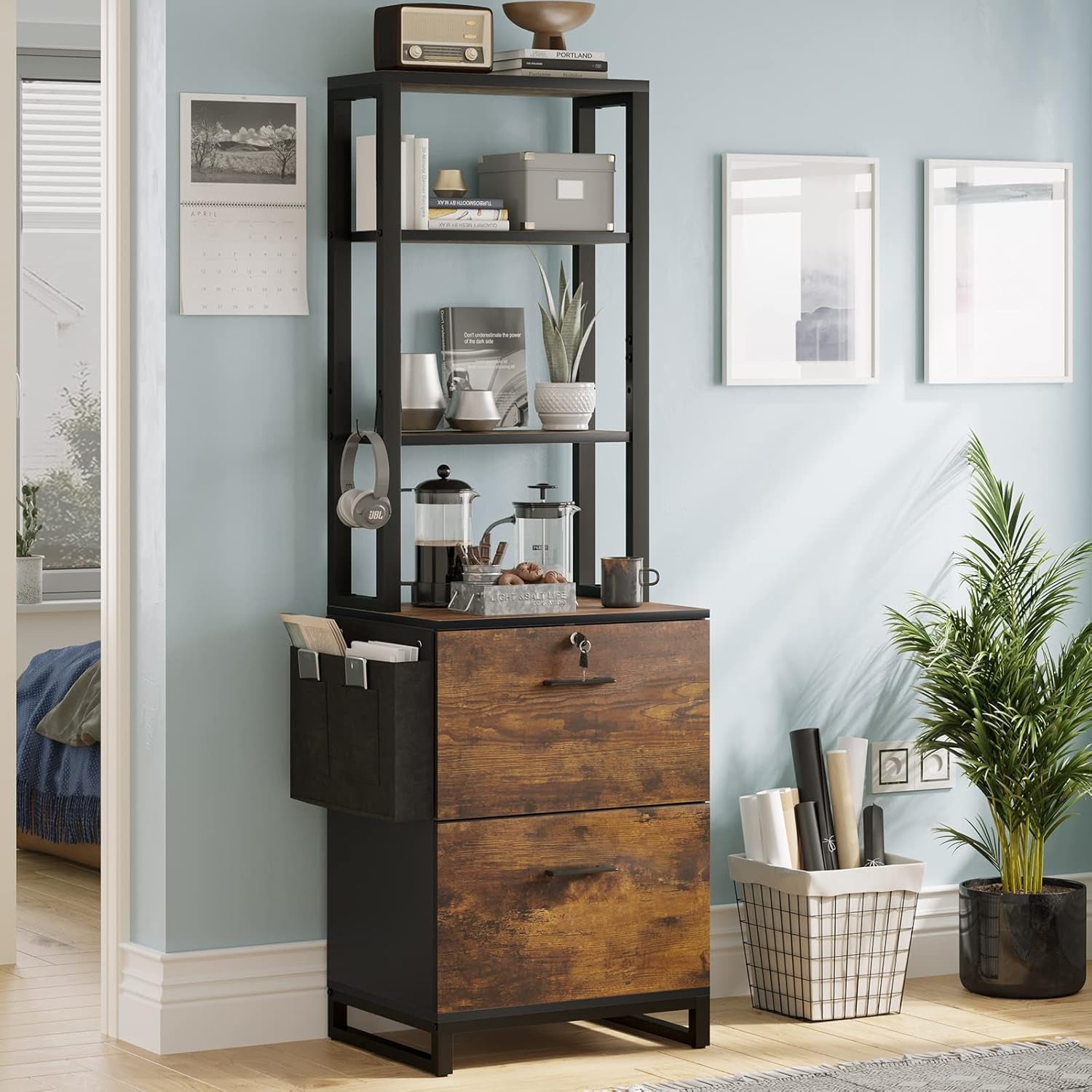 2 Drawer File Cabinet with Lock, Filing Cabinet Fits Letter, Legal, A4 Size, Hanging File Folders, File Cabinets for Home Office with Adjustable Storage Shelf and Hook, Rustic Brown-2