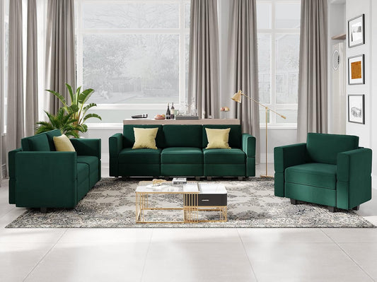Modular Living Room Sofa Set 3 Seat Sofa Loveseat and Chair Set with Storage Seats Modular Living Room Furniture Set Velvet Green-0