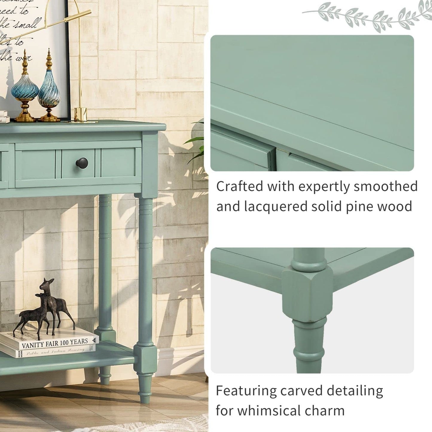 Rustic Green Console Table with Storage Drawers-2