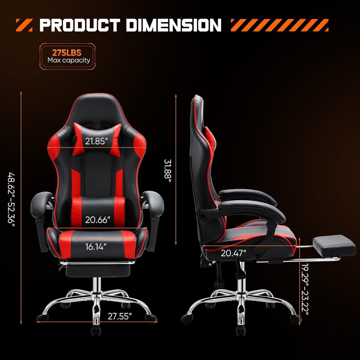 Video Game Desk Chair - Ergonomic Computer with Footrest and Comfy Lumbar Support, PU Leather Recliner with Headrest, Fixed up Armrest, Height Adjustable with 360° Swivel, for Adults, Red-2