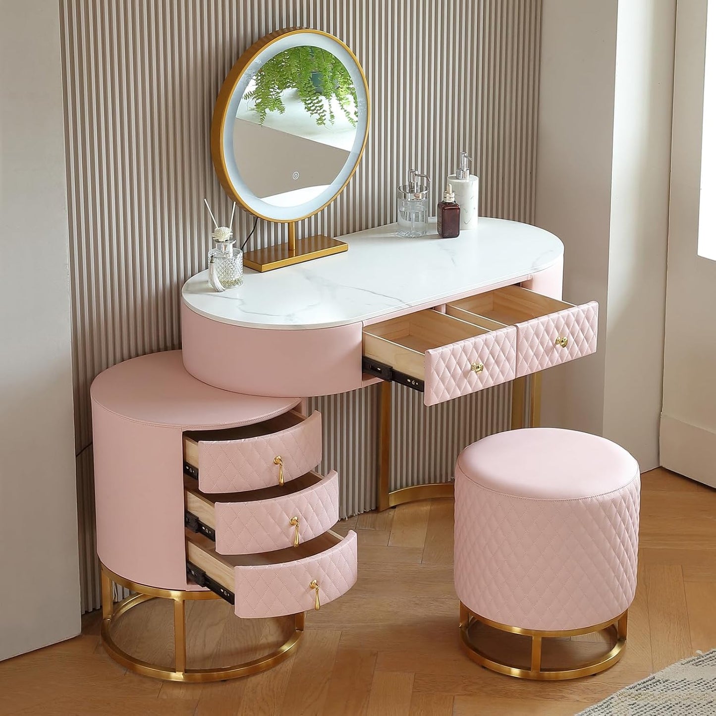 Faux Leather Makeup Vanity Desk Set with LED Lighted Mirror Luxury Dressing Makeup Table with Storage Drawers & Vanity Stool, Pink-2
