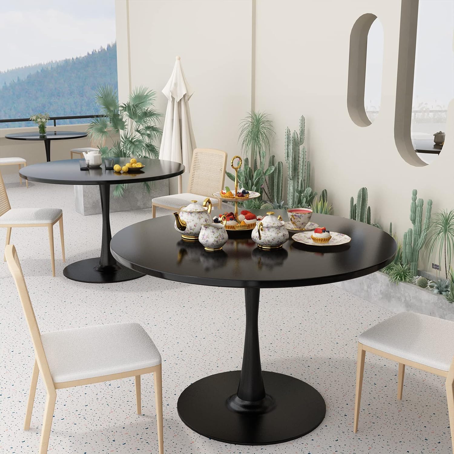 DKLGG Black round Dining Table, 42.1" Tulip Table Kitchen Dining Table 4-6 People with MDF Table Top & Pedestal Base, Mid-Century End Table Leisure Coffee Table Office Living Room Table-2