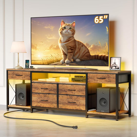 LED TV Stand with 6 Fabric Drawers and Power Outlet for 55 60 65 Inch Tvs, Entertainment Center with Open Storage Shelves, Dresser TV Stand for Bedroom/Living Room,Rustic Brown-0