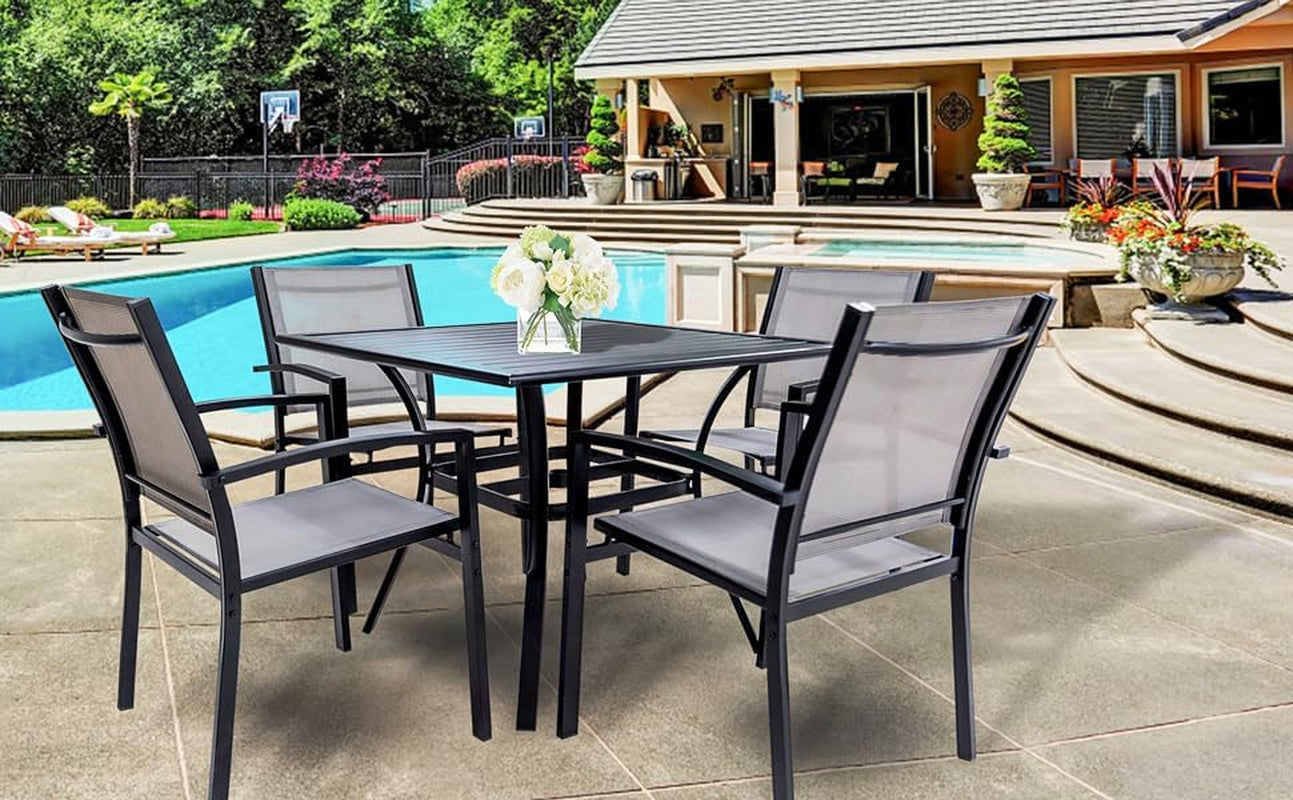 5 Piece Patio Dining Set,Outdoor Furniture 4 Textilene Chairs & 1 Square 38"X 38" Metal Slatted Table with 1.5" Umbrella Hole,Outside Porch Deck Balcony Backyard Set for 4-4