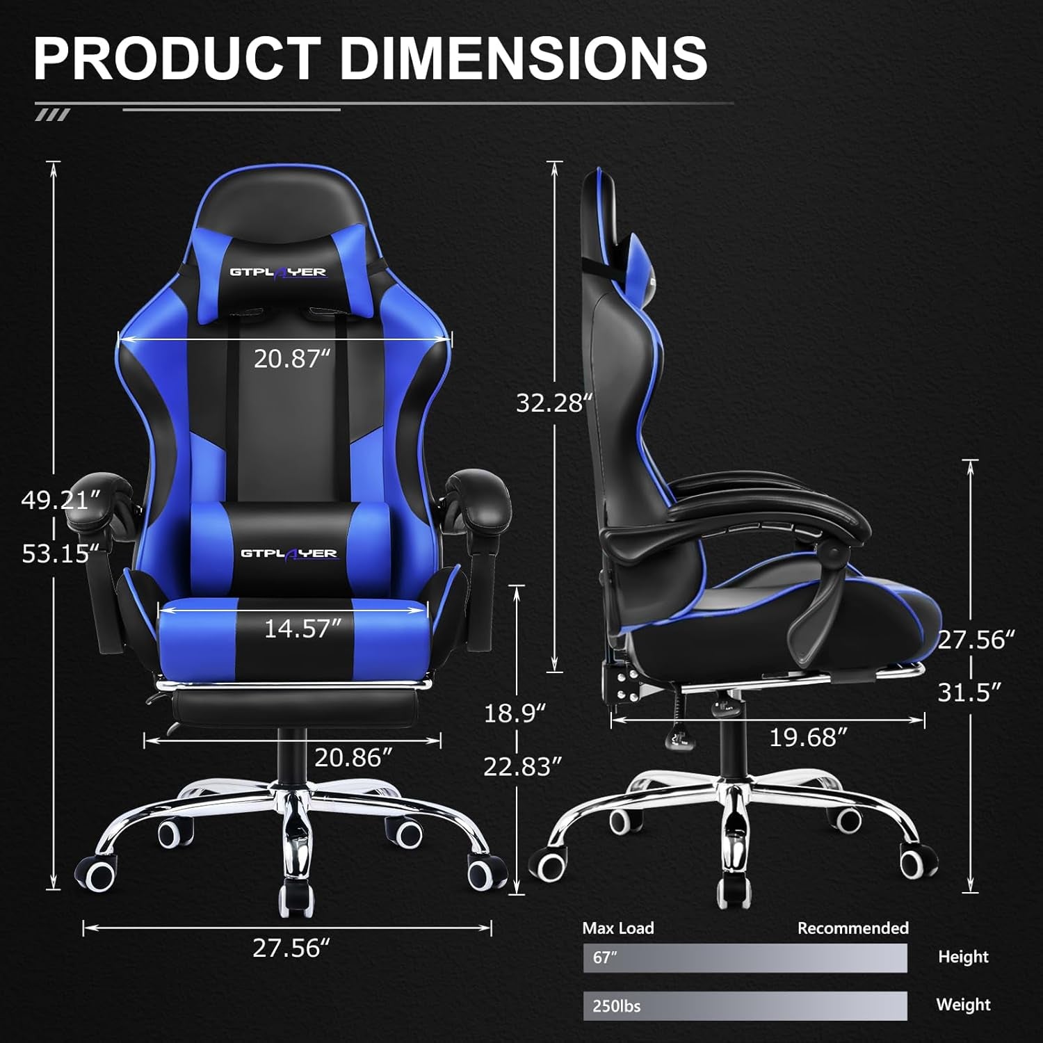 Gaming Chair, Computer Chair with Footrest and Lumbar Support, Height Adjustable Game Chair with 360°-Swivel Seat and Headrest and for Office or Gaming ((Blue)-2
