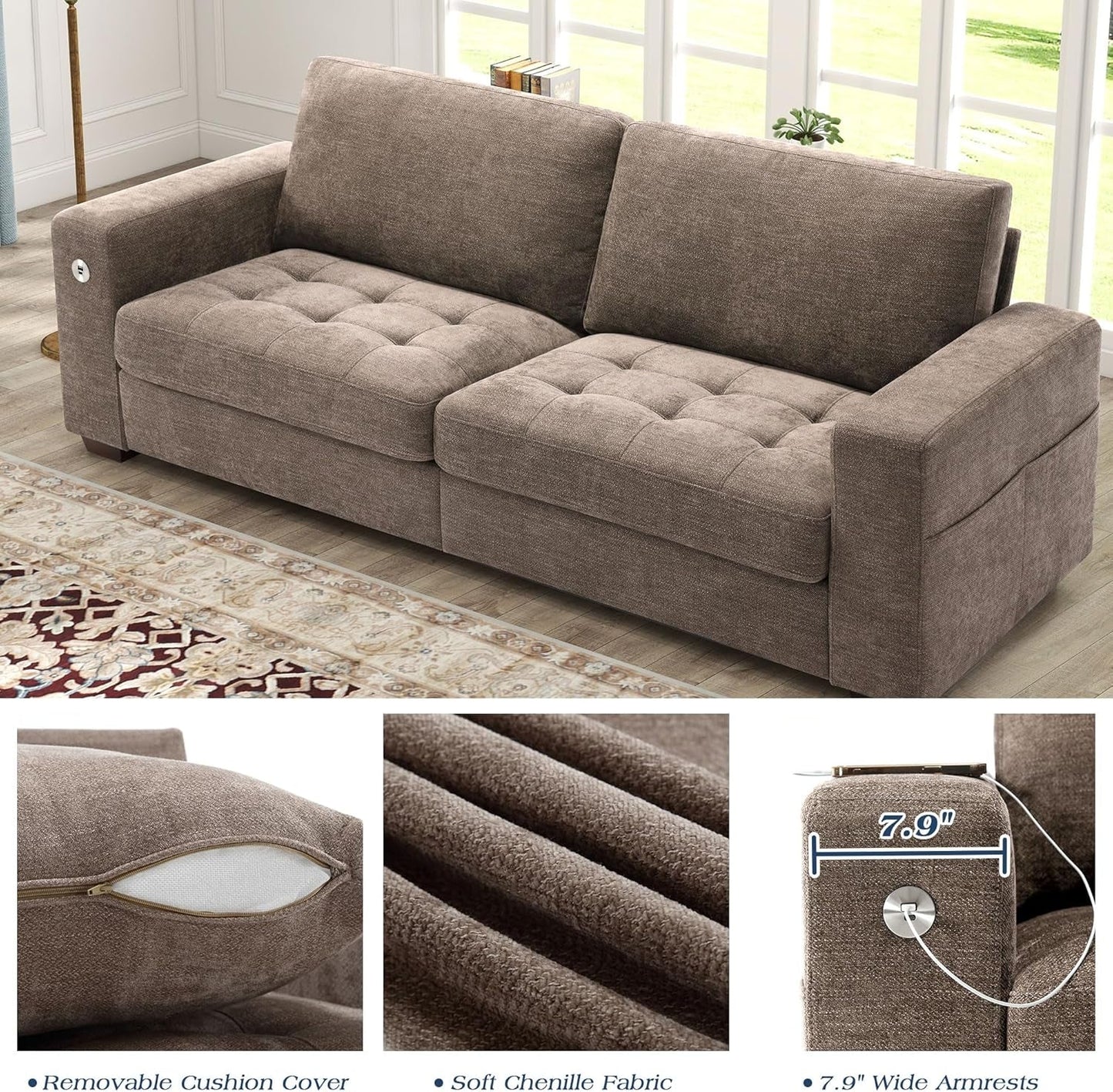 Sofas for Living Room, Chenille Loveseat Couch Set, Small Sofa, 3 Seater Sofa, USB Charging, Removable Sofa Cover,Solid Wood Frame, Easy to Install(89Inch,Brown)-2