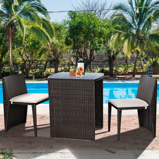 3 Pieces Cushioned Wicker Patio Bistro Set with No Assembly Needed-0