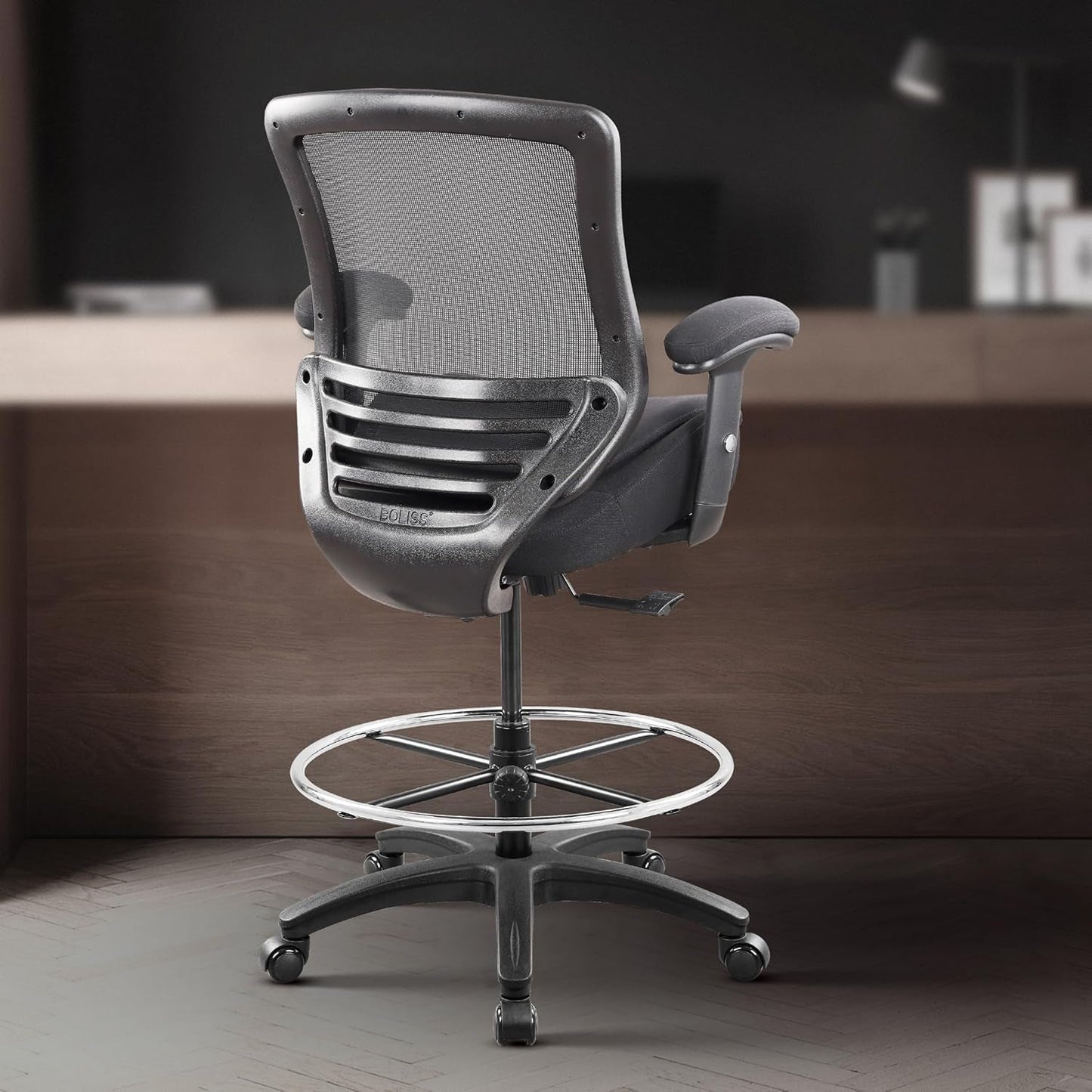 400Lbs Mid Back Mesh Ergonomic Drafting Chair Big Adjustable Foot Ring Height Adjustable Armrest (Black) ﻿-3