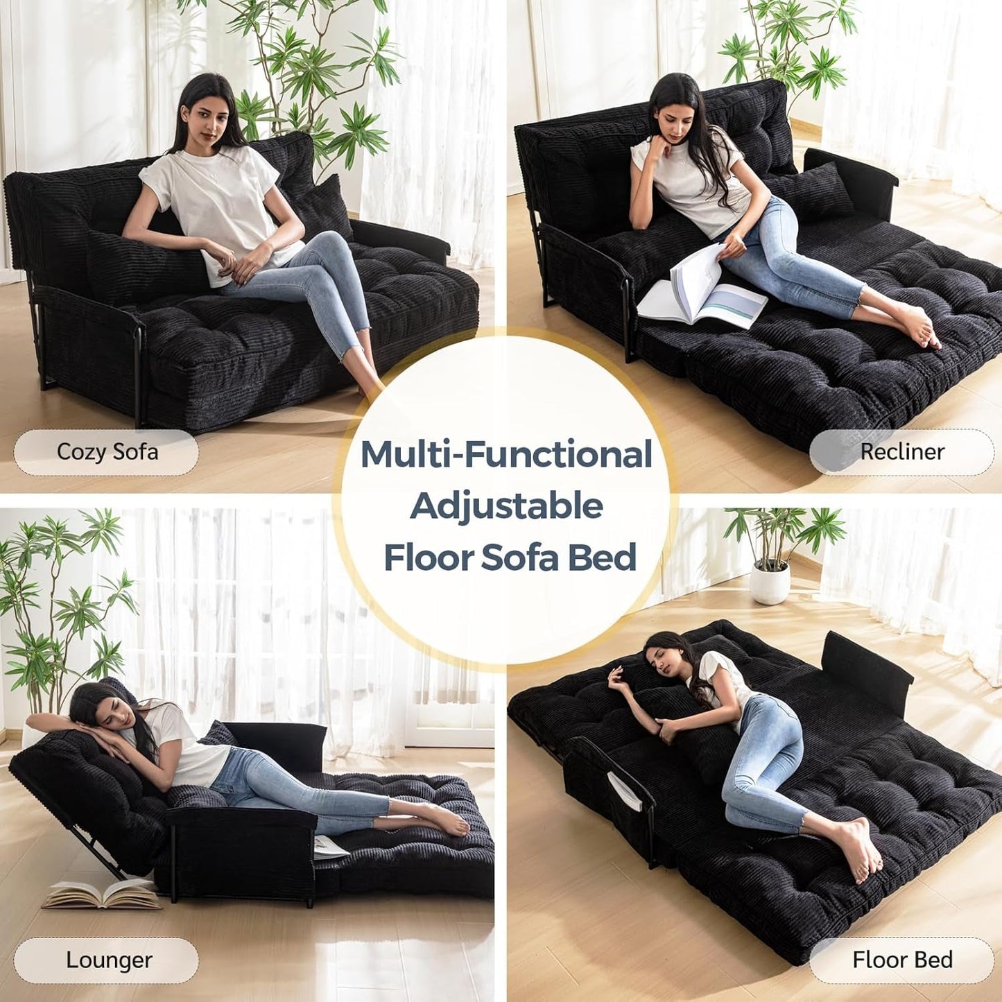 Adjustable Floor Sofa Couch with 2 Pillows, Multi-Functional Bean Bag Bed, 5-Position Foldable Lazy Sofa Sleeper Bed with Armrest, Versatile Floor Seating Sofa for Reading, Black, Double-2
