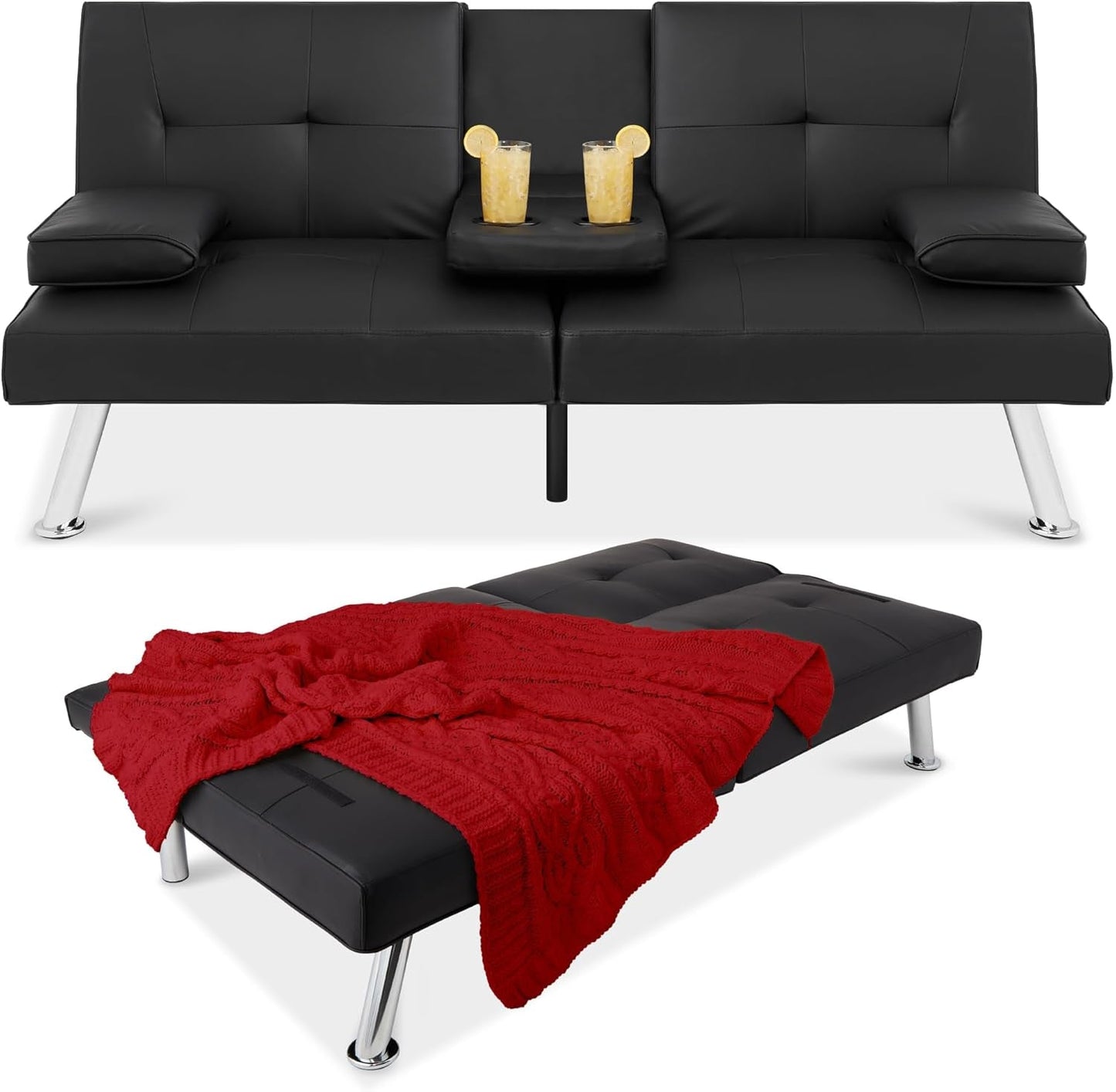 Faux Leather Upholstered Modern Convertible Futon, Adjustable Folding Sofa Bed, Guest Bed W/Removable Armrests - Black-0