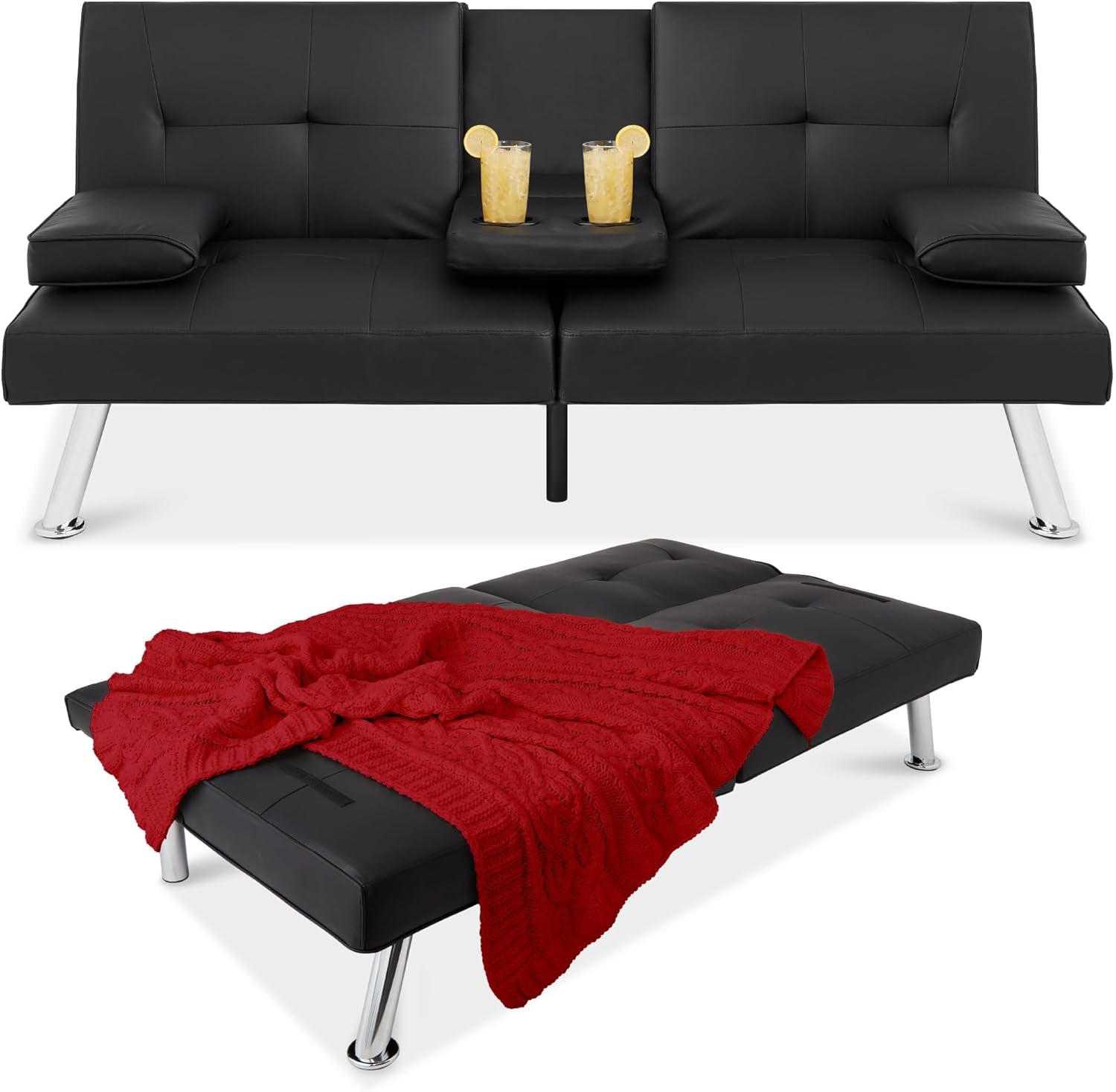 Faux Leather Upholstered Modern Convertible Futon, Adjustable Folding Sofa Bed, Guest Bed W/Removable Armrests - Black-0