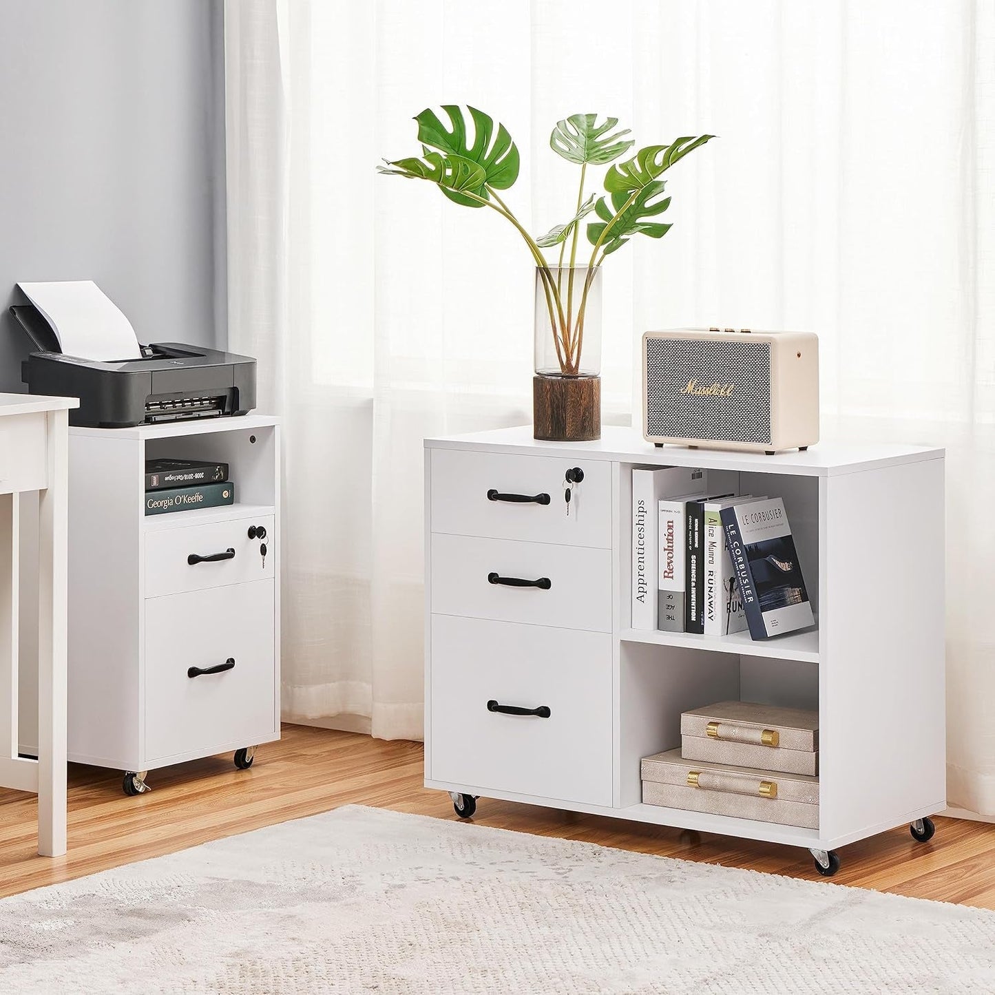 3-Drawer File Cabinet, Mobile Lateral Filing Cabinet Printer Stand with Open Storage Shelves under Desk Organization for Home Office, White-4