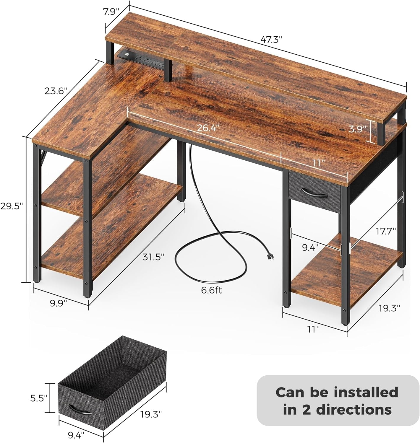 47" Reversible L Desk with LED & Power-2