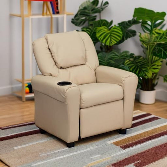 Vana Vinyl Kids Recliner with Cup Holder, Headrest, and Safety Recline, Contemporary Reclining Chair for Kids, Supports up to 90 Lbs., Beige-1