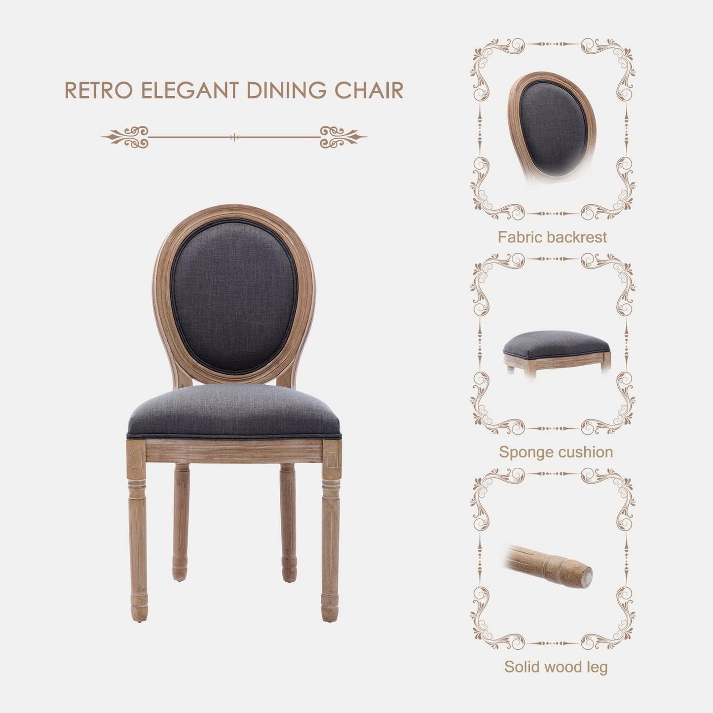 French Country Dining Chairs Set of 6, Farmhouse Dining Chairs with round Backrest, Mid Century Upholstered Dining Chairs with Solid Wood Leg for Dining Room Bedroom Kitchen Restaurant-3