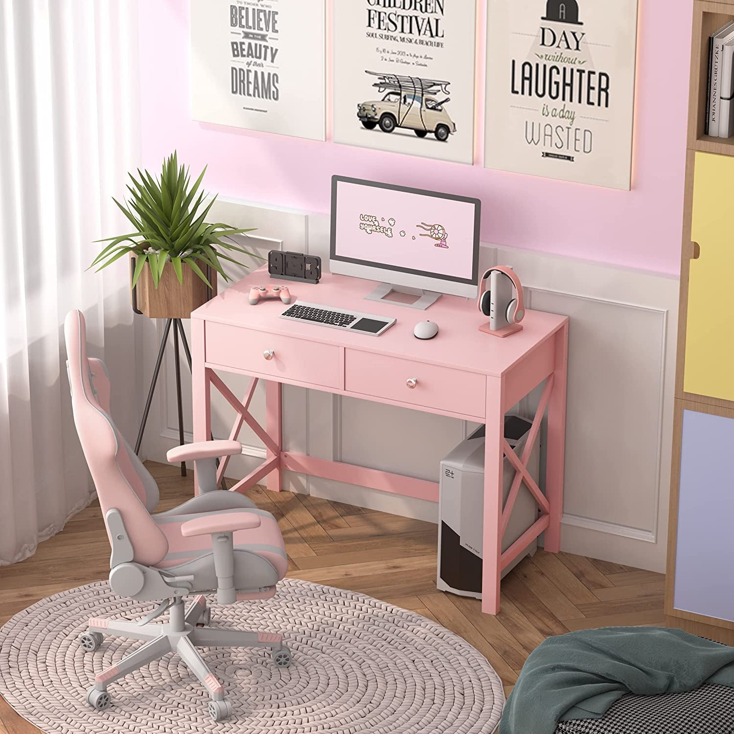 Pink Modern Writing Computer Desk with Drawers-3