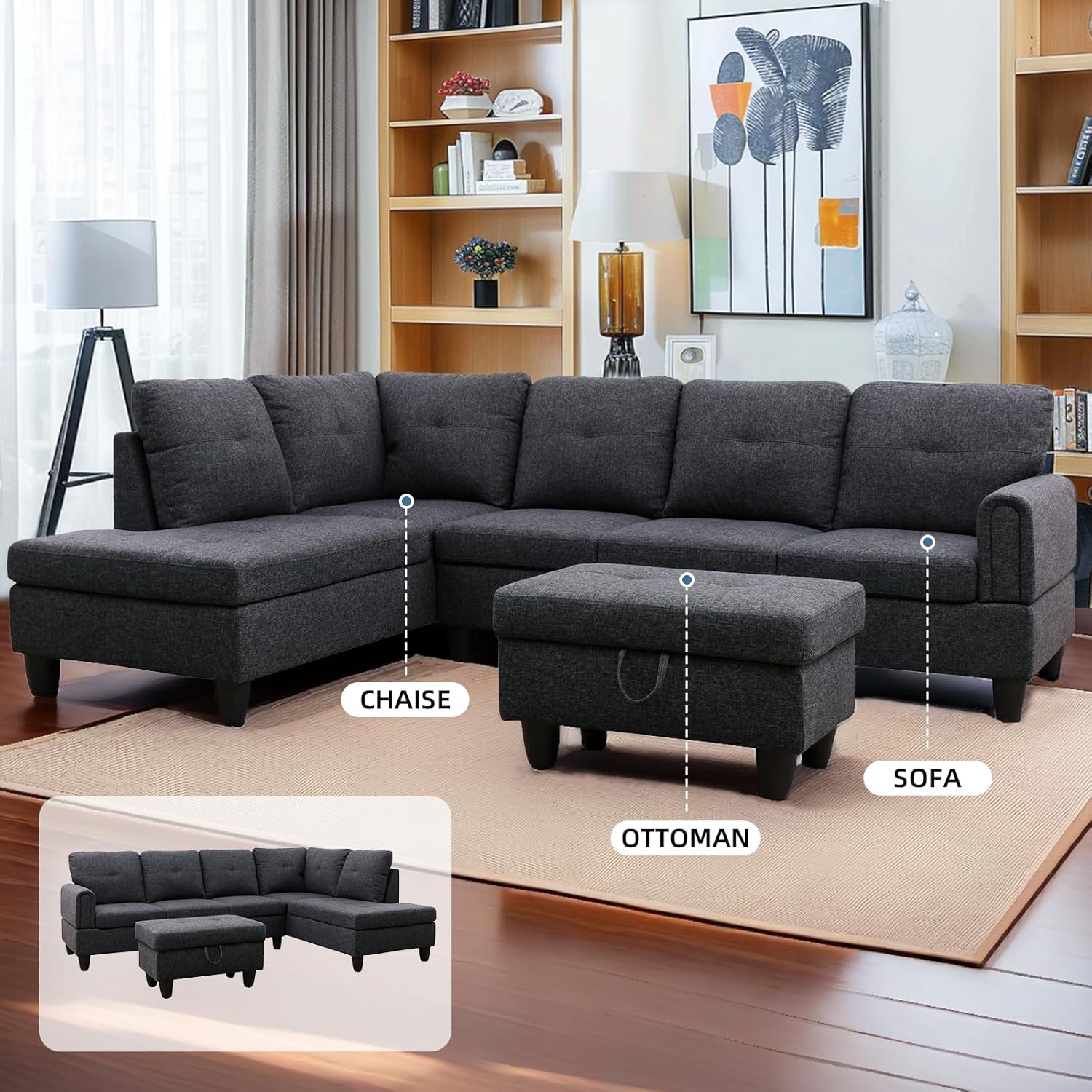 L Shaped Sectional Couch Sofa with Ottoman, Modern Couches for Living Room, Microfiber Facing, Bedroom-4