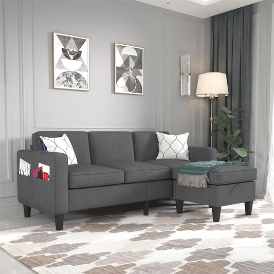 Sectional Sofa Couches for Living Room, Small Space Couch L-Shaped Sofa, 3 Seat Modern Sofas Convertible with Storage Ottoman for Small Space, Bedroom, Offices and Apartments, Dark Grey-0