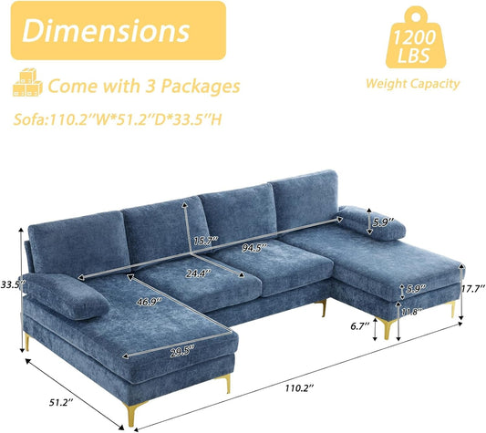 Convertible Sectional Sofa 110" U-Shape Sofa Couch 4-Seat Couch with Chaise Chenillefabric Upholstered for Living Room, Apartment, Office, Grey-Blue-1