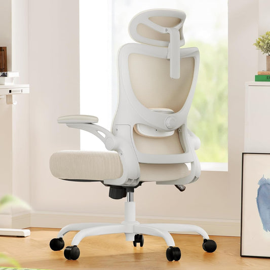 Ergonomic Office Chair: Office Computer Desk Chair with High Back Mesh and Adjustable Lumbar Support Rolling Work Swivel Task Chairs with Wheel 3D Armrests and Headrest (White)-0