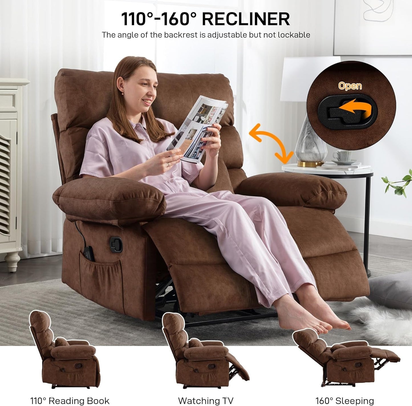 Oversized Recliner Chair, plus Size 28 Inch Large Wide Seat Manual Flannel Recliner with Pockets, Massage Heated Pillow 350 Lb Capacity for Living Room Adults-3