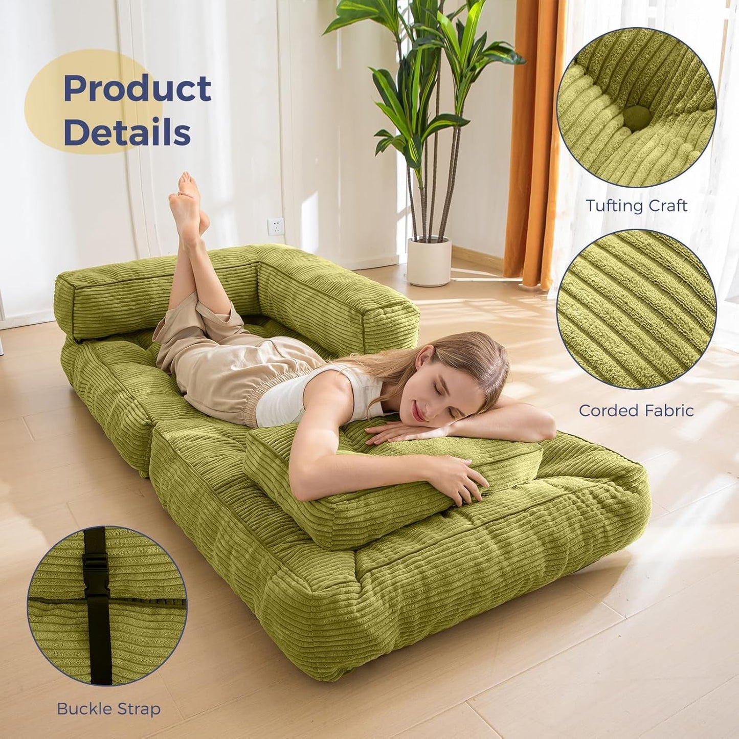 Folding Sofa Bed, L-Shaped Convertible Sofa Bed with Armrest Foldable Sleeper Sofa with Pillow, Portable Fold Out Chair Bed Comfy Floor Sofa Lounge for Living Room Bedroom, Green-2