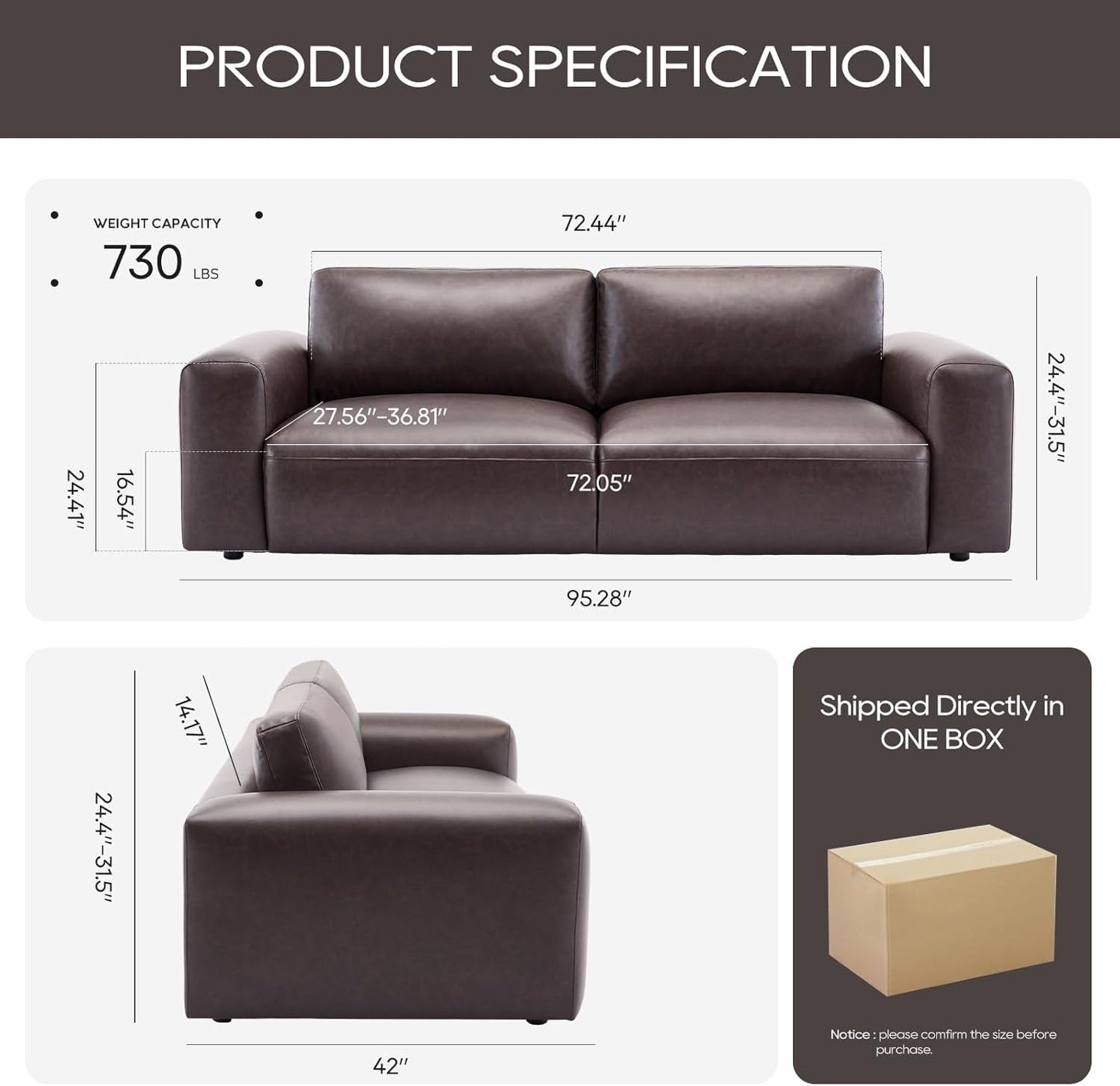 95" Oversized PU Leather Sofa, Comfy Sofa Couch with Extra Deep Seats, Wide Arm, down Filled 3-Seater Modern Sofa for Living Room, Apartment Lounge-Chocolate-2
