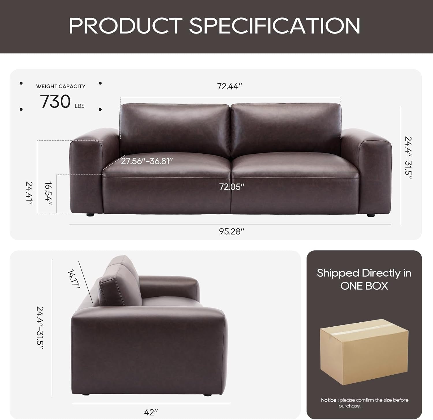 95" Oversized PU Leather Sofa, Comfy Sofa Couch with Extra Deep Seats, Wide Arm, down Filled 3-Seater Modern Sofa for Living Room, Apartment Lounge-Chocolate-2