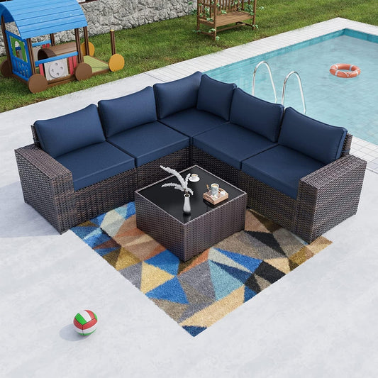 6PCS Outdoor Patio Furniture Set PE Wicker Rattan Sectional Sofa Patio Conversation Sets,Navy Blue-0