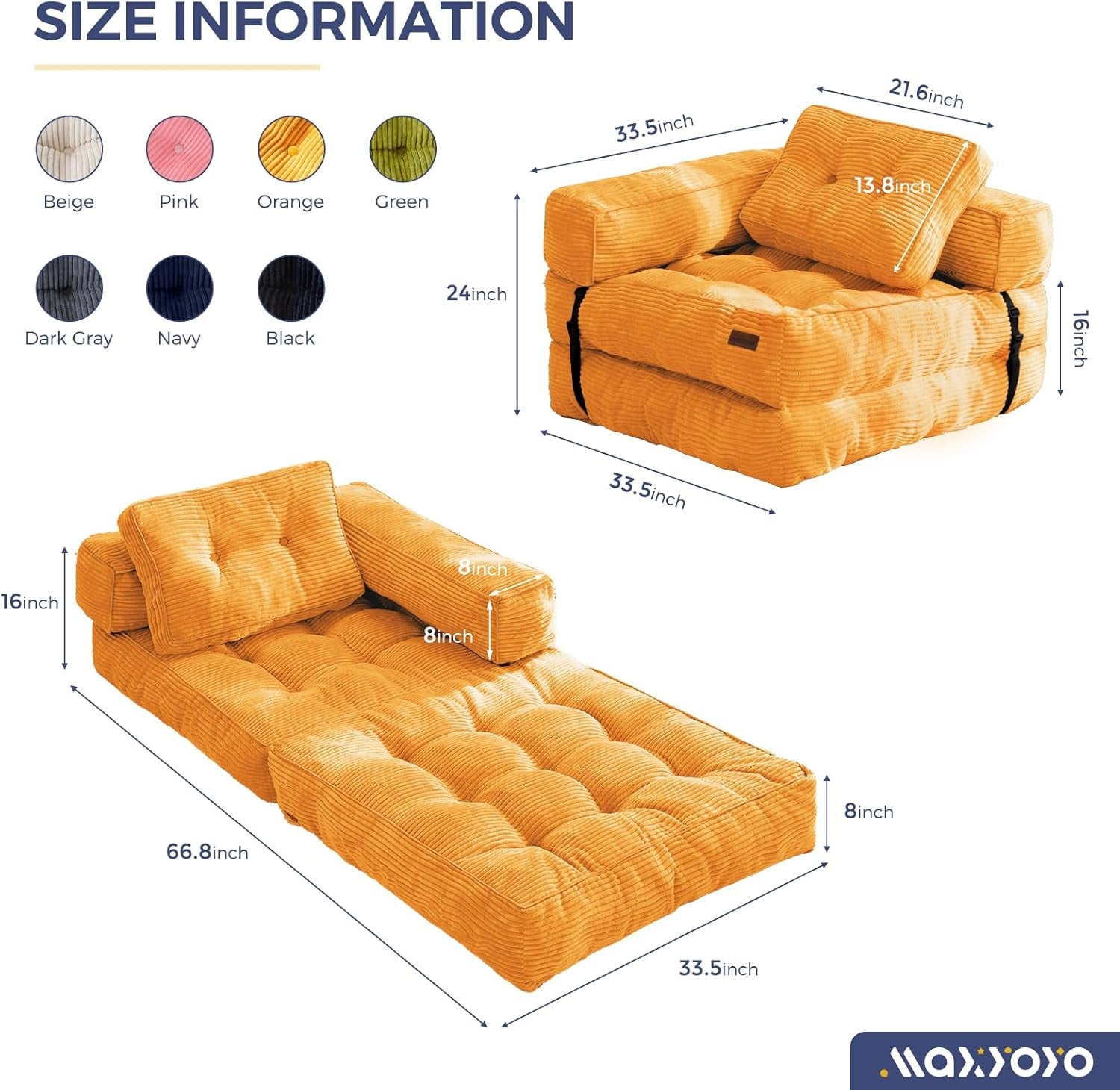 Folding Sofa Bed, L-Shaped Convertible Sofa Bed with Armrest Foldable Sleeper Sofa with Pillow, Portable Fold Out Chair Bed Comfy Floor Sofa Lounge for Living Room Bedroom, Orange-1