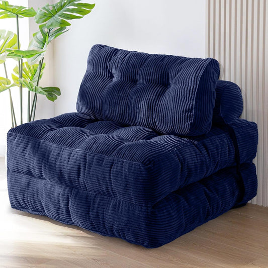 Folding Sofa Bed, Convertible Sleeper Chair with Pilow Foldable Matress with Back Support, Portable Fold Out Chair Bed Comfy Floor Sofa Lounge for Living Room Bedroom, Navy, Single-0