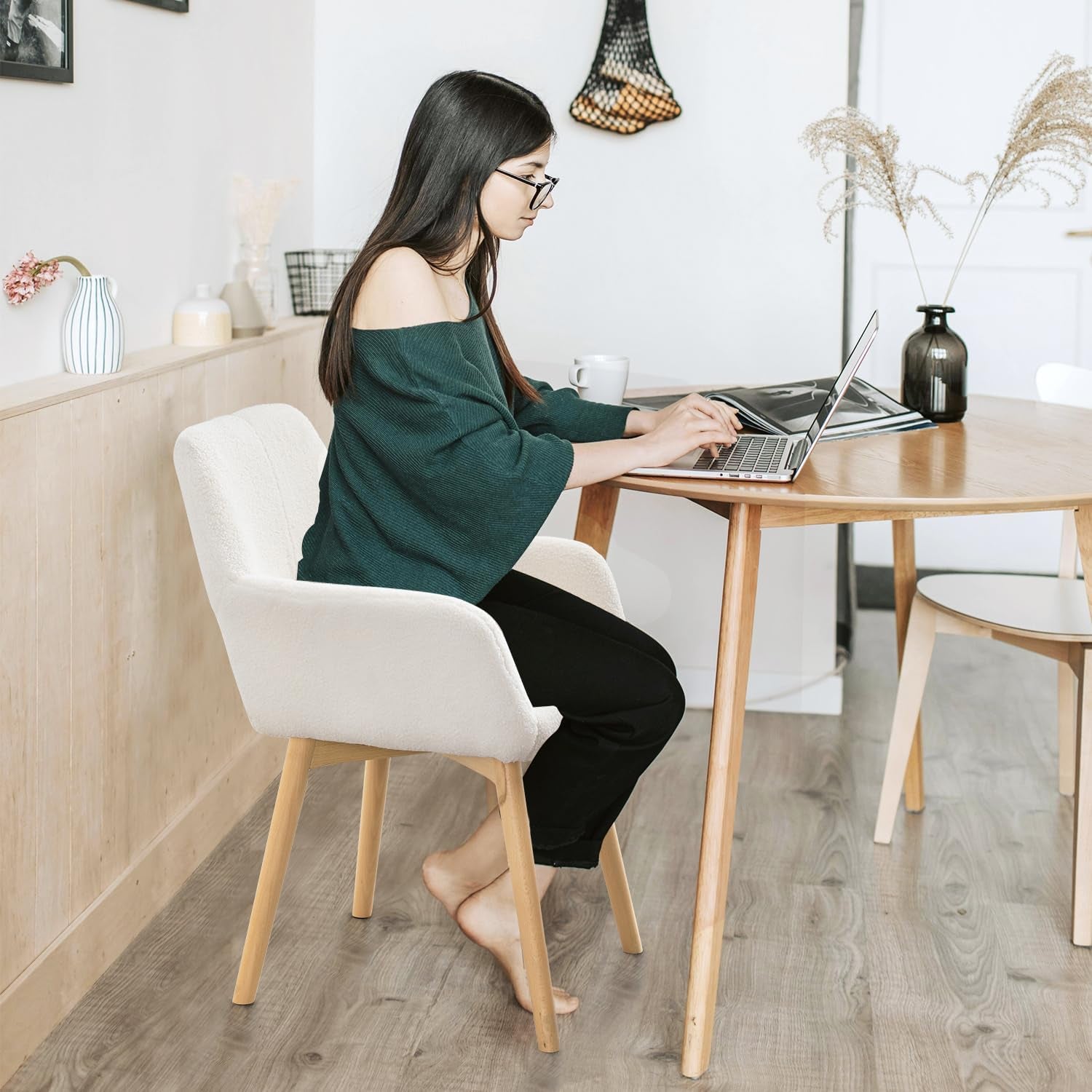 Mid Century Modern Dining Chairs Set of 2 & 4 & 6 Comfy Accent Chair Upholstered Kitchen Dining Living Room Chairs for Bedrooms Waiting Room Home Arm Desk Chair No Wheels (Wool White, 2)-2