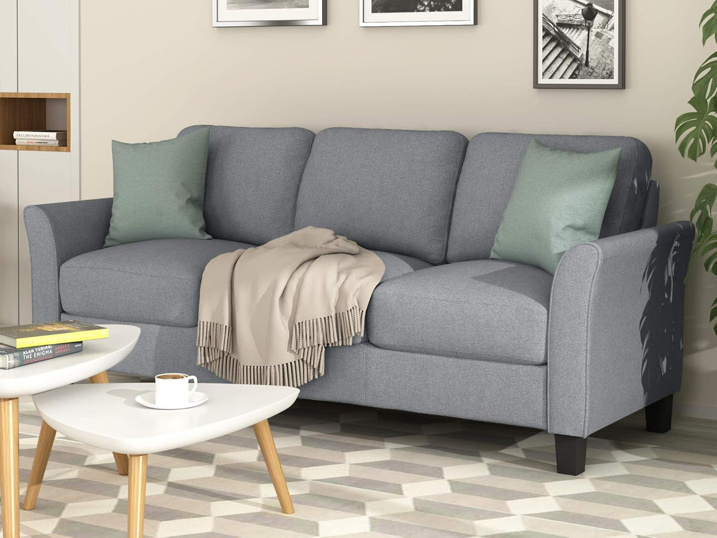 2-Piece Linen Fabric Upholstered Living Room Furniture Set, Including 3-Seater Sofa and Loveseat Sofa with Seat and Back Cushions, Grey-3
